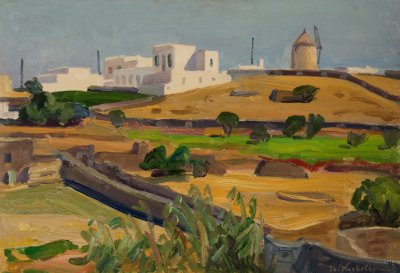 Sifnos Landscape with Houses and Apple Tree — Oil painting, Fiberboard, 38.00×55.00cm — Theodoros Markellos